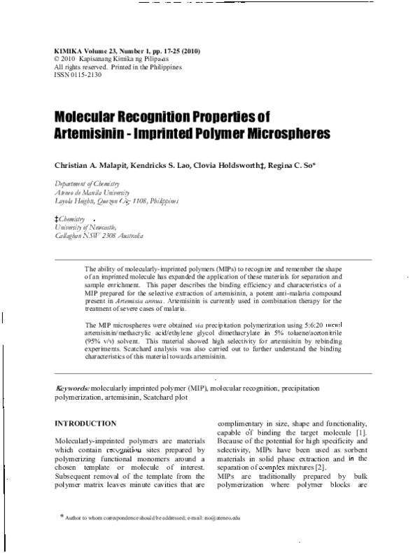 (PDF) Molecular Recognition Properties of Artemisinin - Imprinted ...