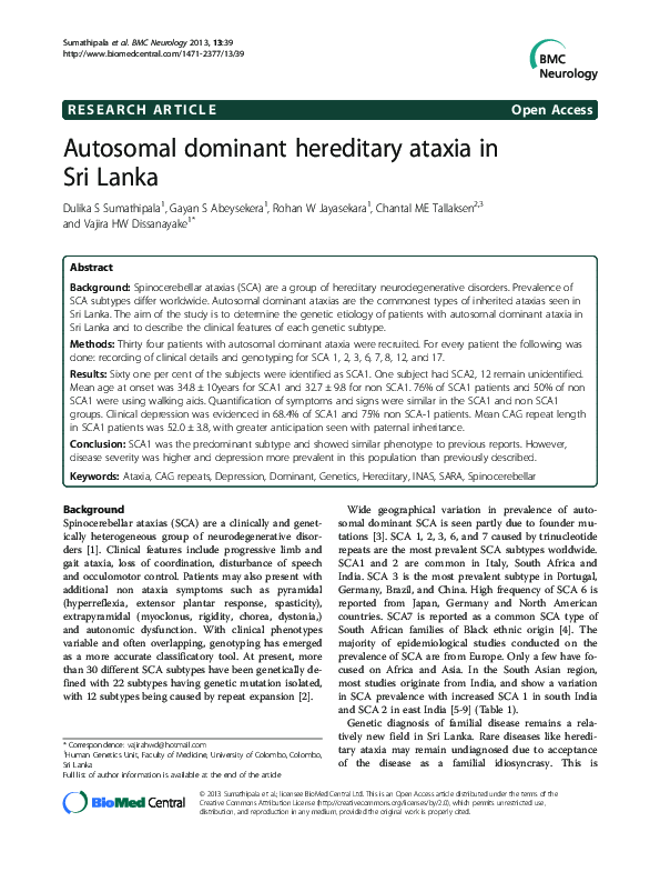 (PDF) Autosomal dominant hereditary ataxia in Sri Lanka
