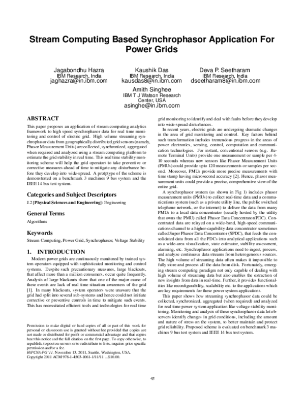 (PDF) Stream computing based synchrophasor application for power grids