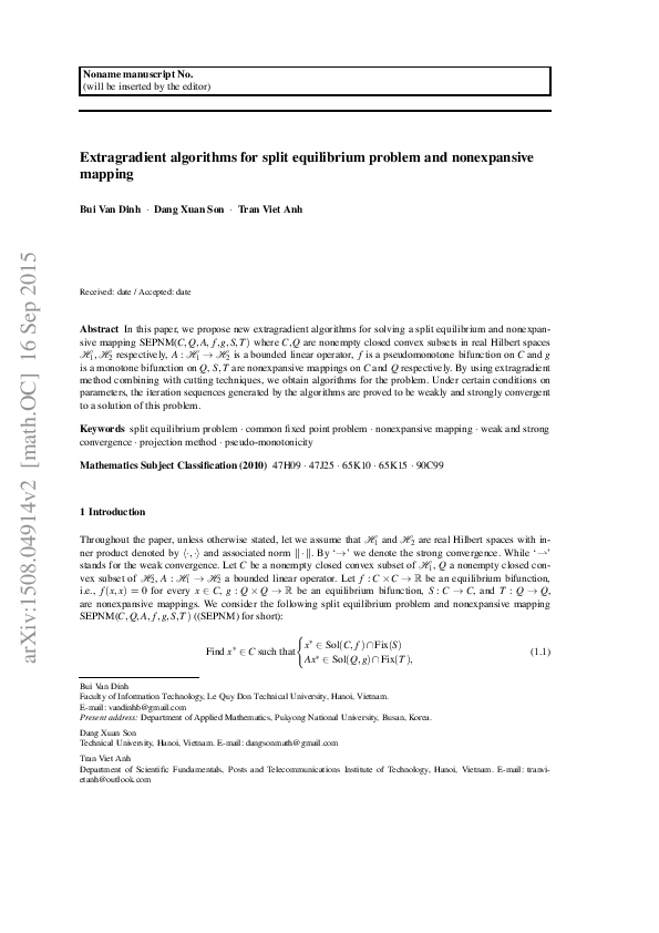 (PDF) Extragradient algorithms for split equilibrium problem and ...
