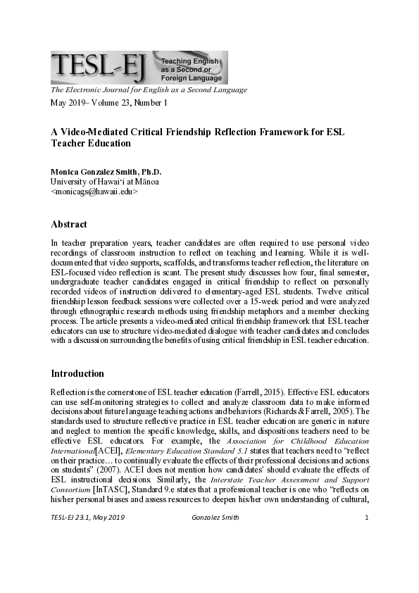 (PDF) A Video-Mediated Critical Friendship Reflection Framework for ESL ...