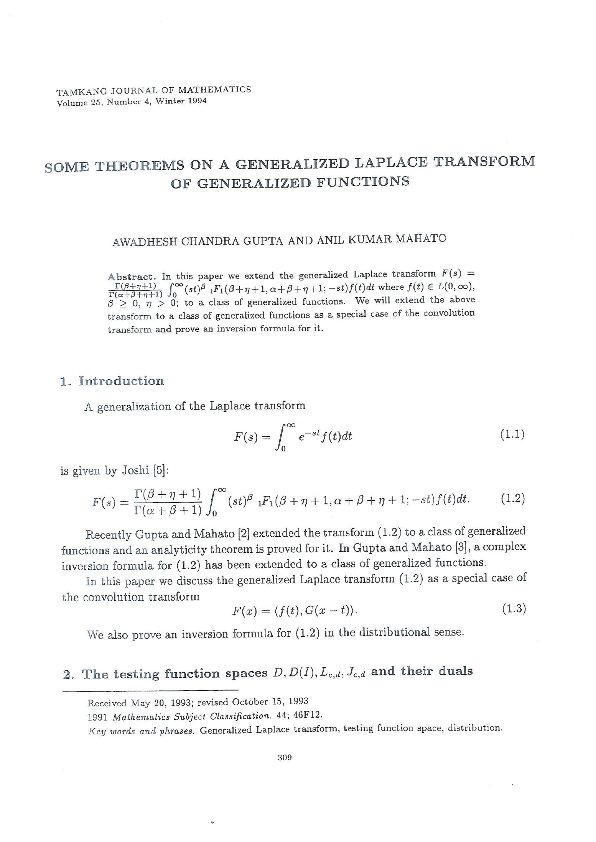(PDF) Some Theorems on a Generalized Laplace Transform of Generalized ...
