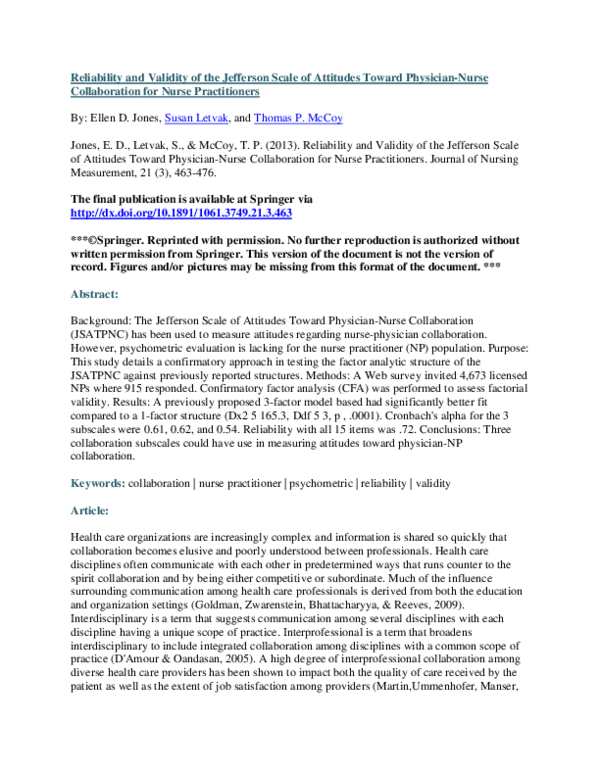 (PDF) Reliability and Validity of the Jefferson Scale of Attitudes ...