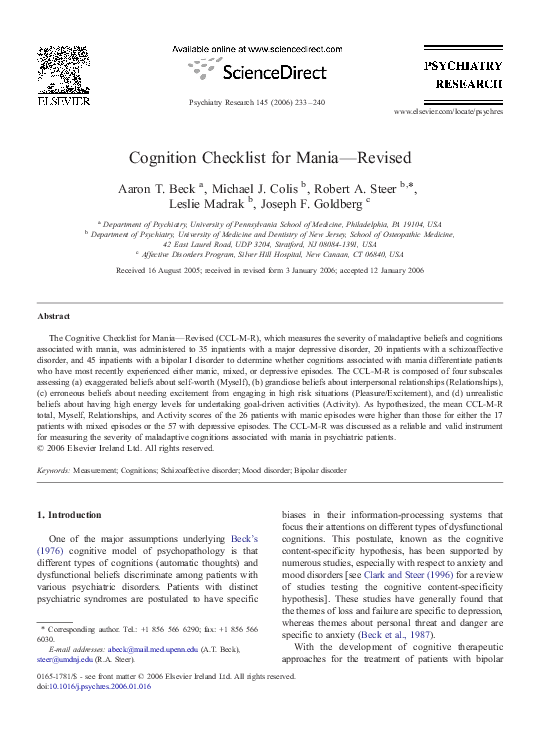 (PDF) Cognition Checklist for Mania—Revised