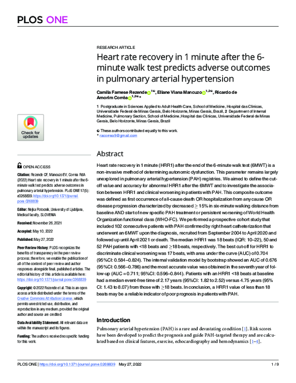 (PDF) Heart rate recovery in 1 minute after the 6minute walk test ...