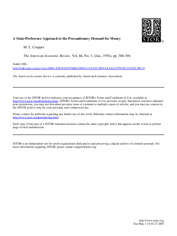 (PDF) A State-Preference Approach to the Precautionary Demand for Money