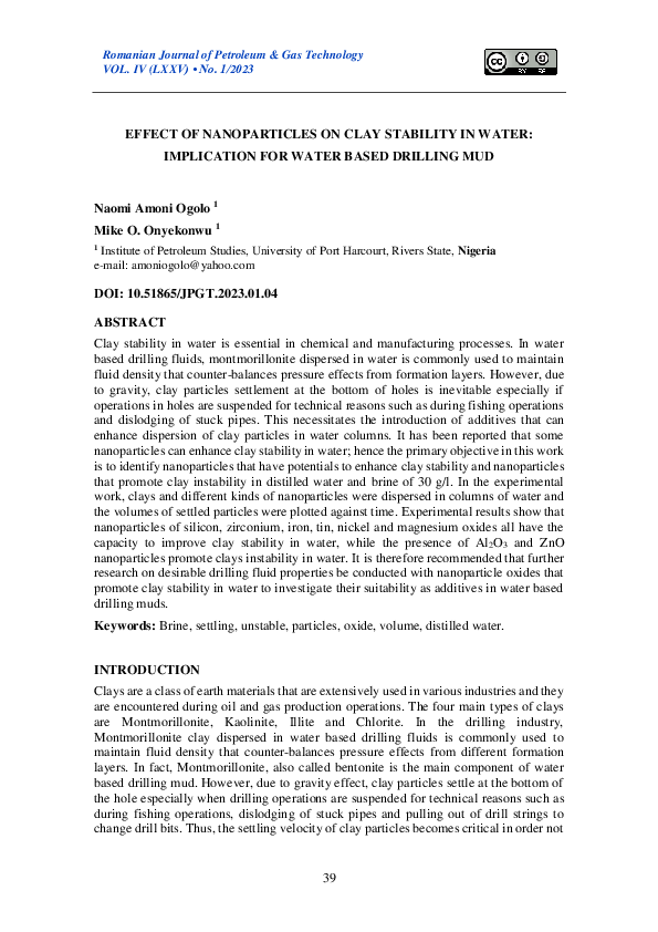 (PDF) Effect of Nanoparticles on Clay Stability in Water: Implication ...