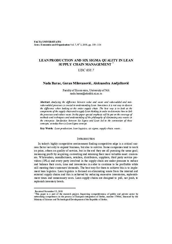 (PDF) Lean production and Six Sigma quality in Lean supply chain management