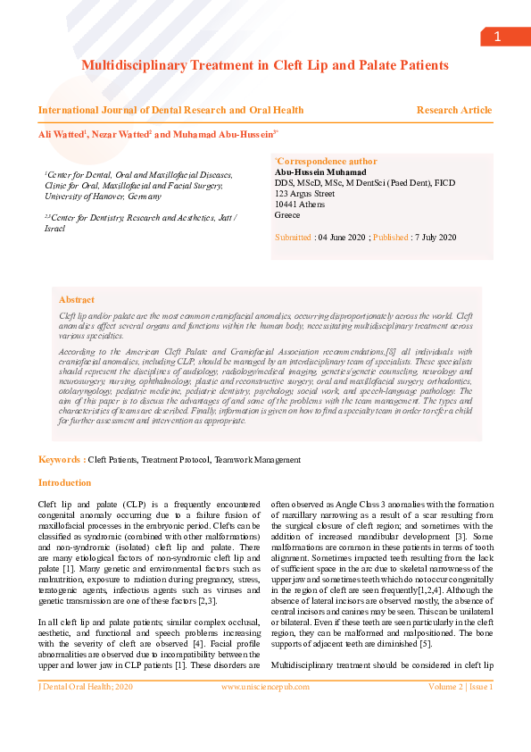 (PDF) Multidisciplinary Treatment in Cleft Lip and Palate Patients ...
