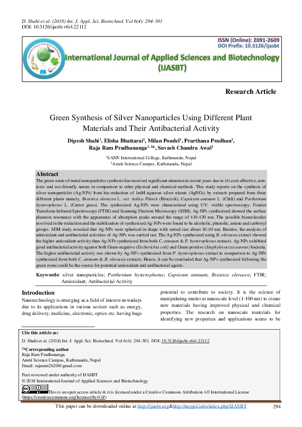 (PDF) Green Synthesis of Silver Nanoparticles Using Different Plant ...