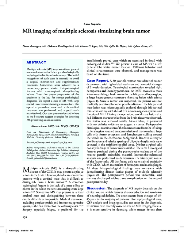 (PDF) MR imaging of multiple sclerosis simulating brain tumor