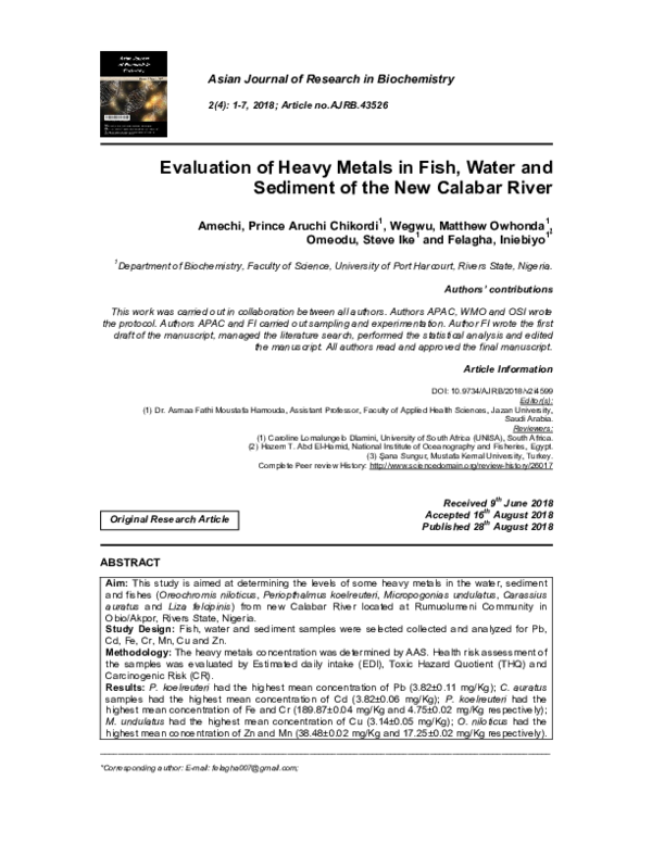 (PDF) Evaluation of Heavy Metals in Fish, Water and Sediment of the New ...
