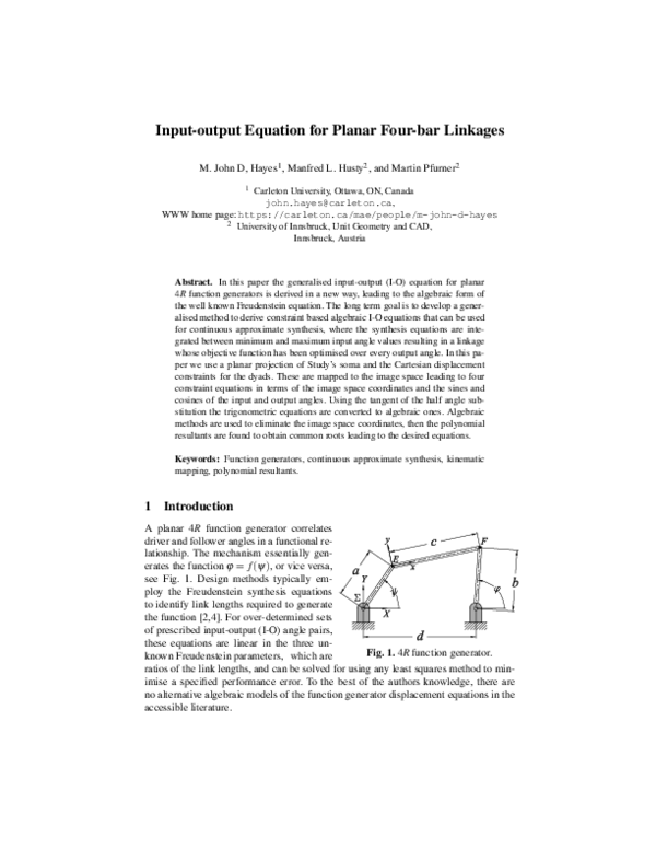 (PDF) Input-output Equation for Planar Four-bar Linkages