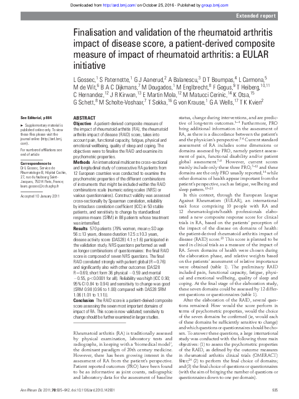 (PDF) Finalisation and validation of the rheumatoid arthritis impact of ...