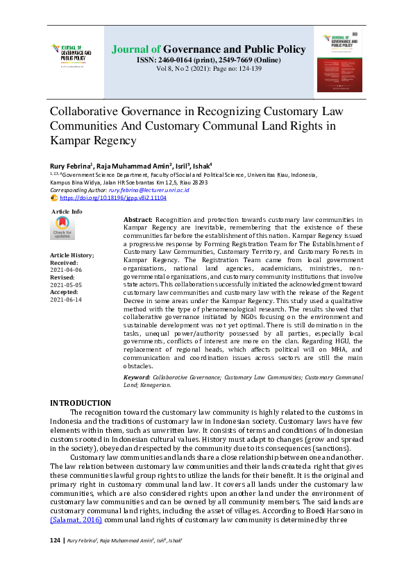 (PDF) Collaborative Governance in Recognizing Customary Law Communities ...
