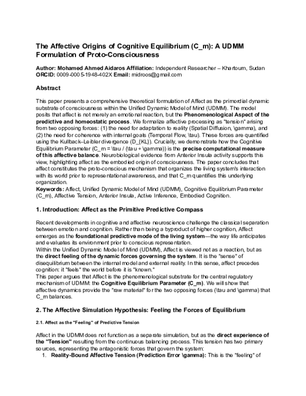 (PDF) The Affective Origins of Cognitive Equilibrium (C_m): A UDMM ...