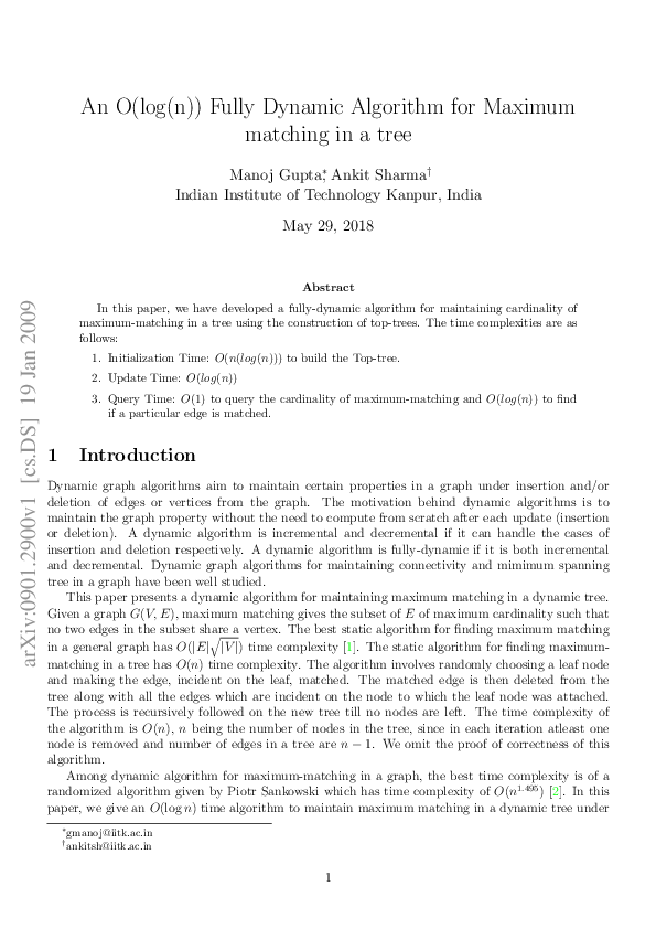 (PDF) An O (log (n)) Fully Dynamic Algorithm for Maximum matching in a tree