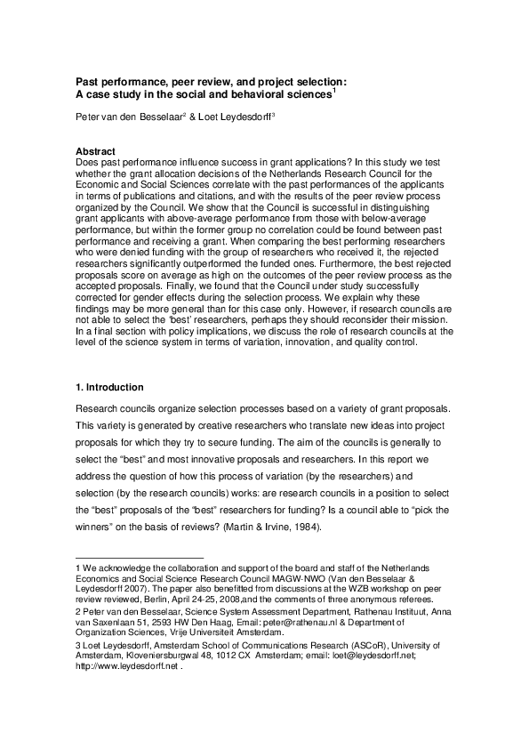(PDF) Past performance, peer review and project selection: a case study ...