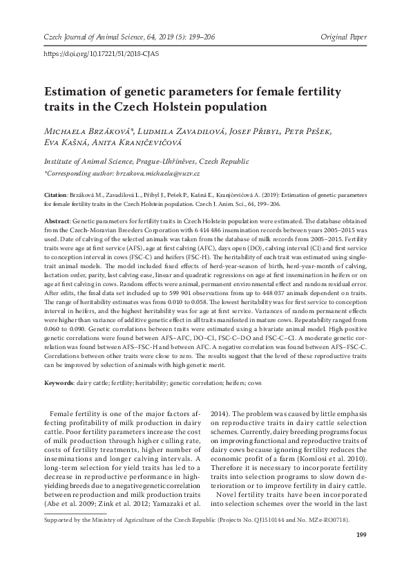 (PDF) Estimation of genetic parameters for female fertility traits in ...