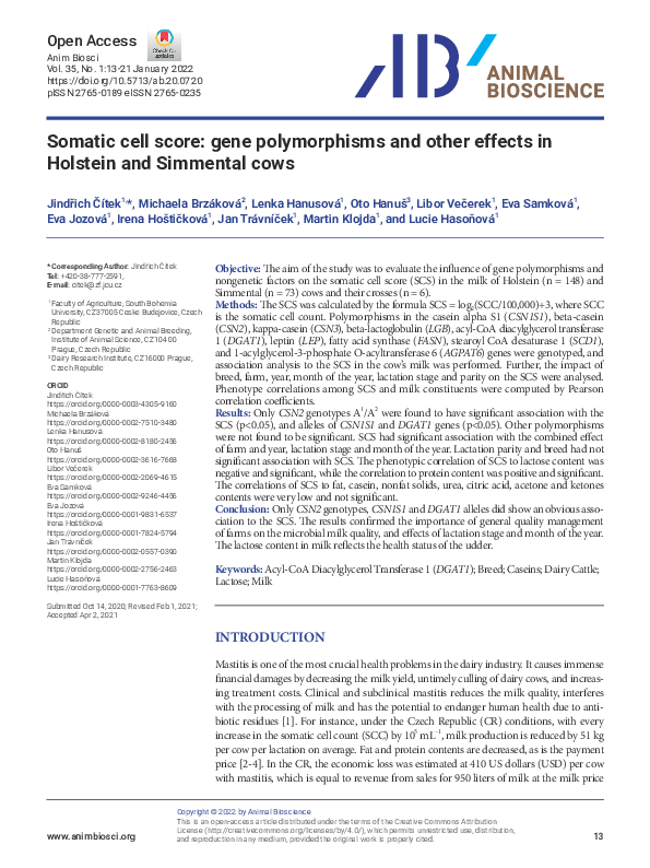 (PDF) Somatic cell score: gene polymorphisms and other effects in ...