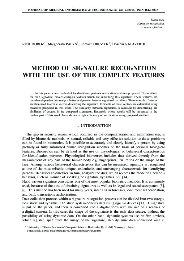 (PDF) Method of Signature Recognition with the Use of the Mean Differences