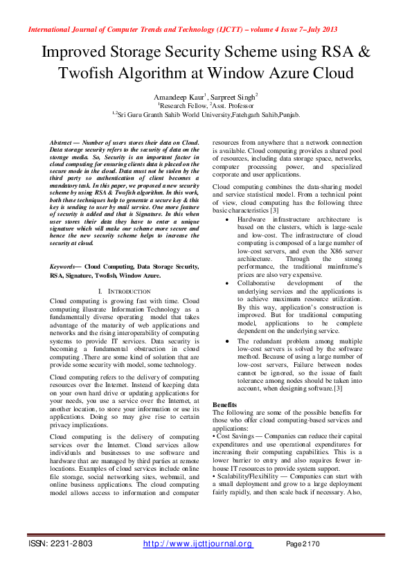 (PDF) Improved Storage Security Scheme using RSA & Twofish Algorithm at ...
