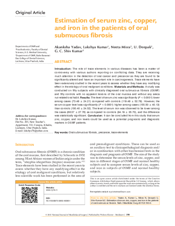(PDF) Estimation of serum zinc, copper, and iron in the patients of ...