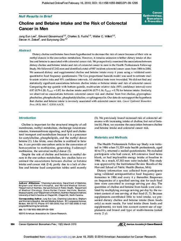 (PDF) Choline and Betaine Intake and the Risk of Colorectal Cancer in Men