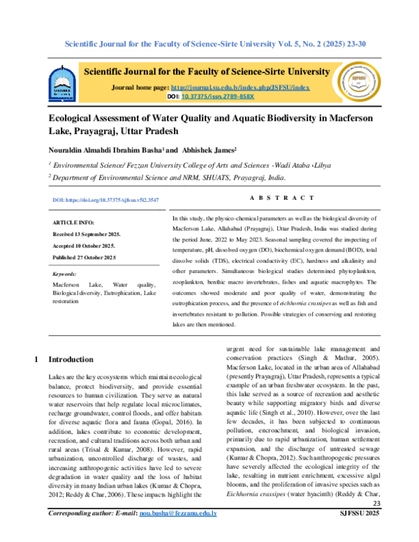 (PDF) Ecological Assessment of Water Quality and Aquatic Biodiversity ...