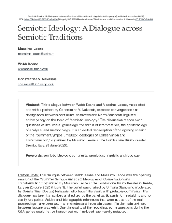 (PDF) Semiotic Ideology: A Dialogue across Semiotic Traditions