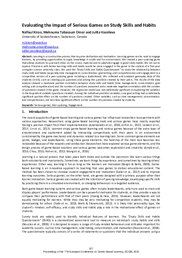 (PDF) Evaluating the Impact of Serious Games on Study Skills and Habits