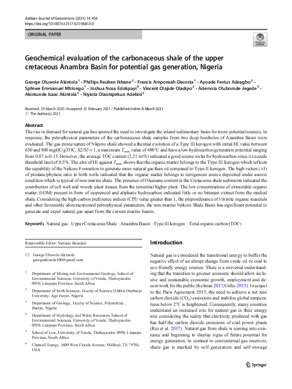 (PDF) Geochemical evaluation of the carbonaceous shale of the upper ...