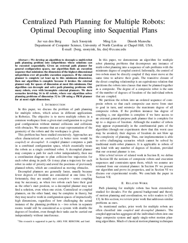 (PDF) Centralized path planning for multiple robots: Optimal decoupling ...