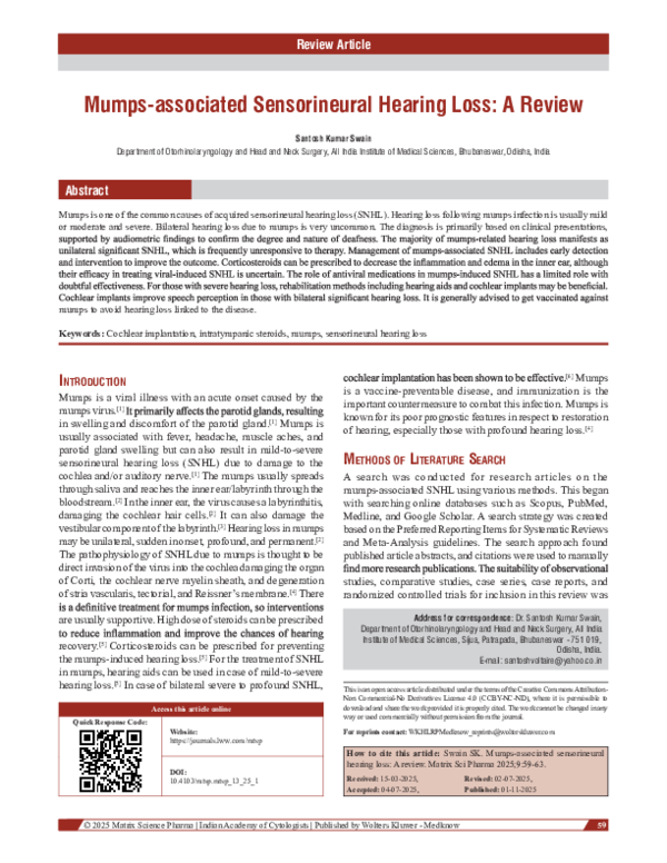 (PDF) Mumps-associated Sensorineural Hearing Loss: A Review