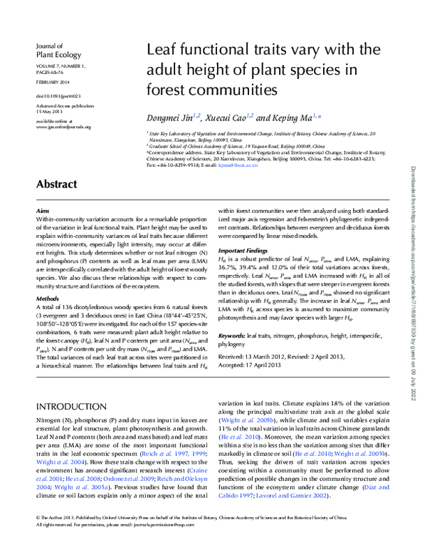 (PDF) Leaf functional traits vary with the adult height of plant ...