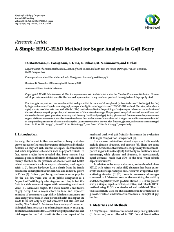(PDF) A Simple HPLC-ELSD Method for Sugar Analysis in Goji Berry