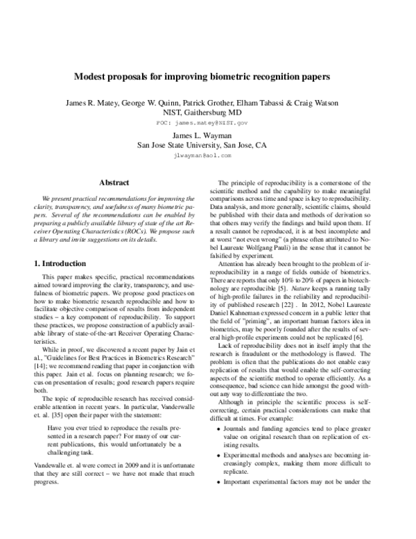(PDF) Modest proposals for improving biometric recognition papers