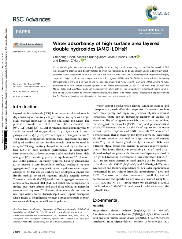 (PDF) Water adsorbancy of high surface area layered double hydroxides ...