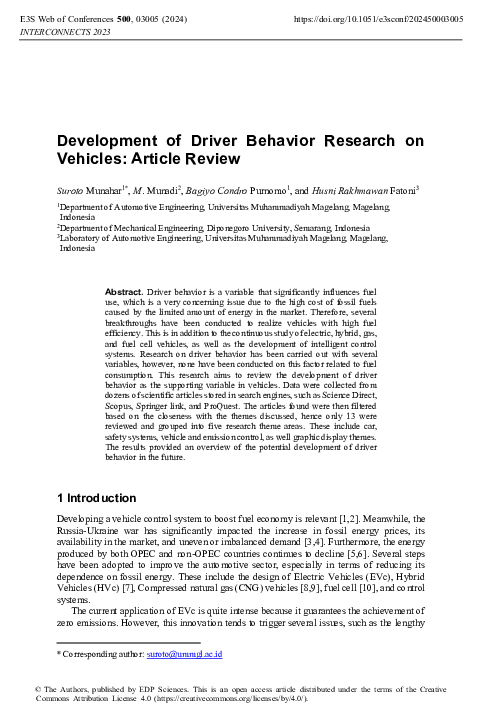PDF) Development of Driver Behavior Research on Vehicles: Article