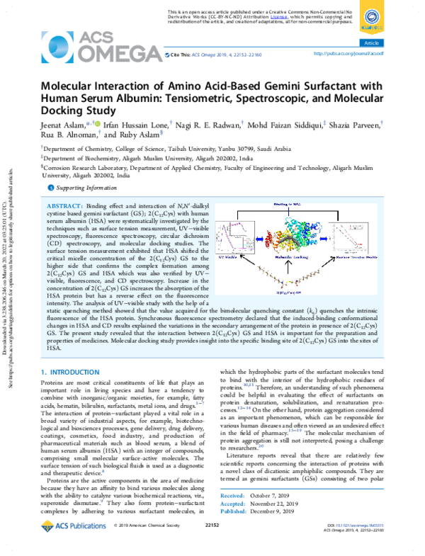 (PDF) Molecular Interaction of Amino Acid-Based Gemini Surfactant with ...