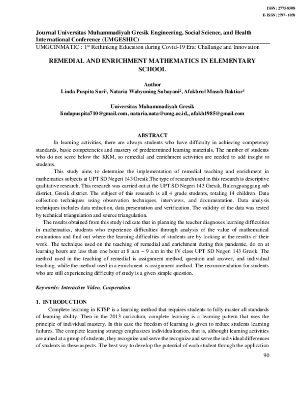 (PDF) Remedial and Enrichment Mathematics in Elementary School