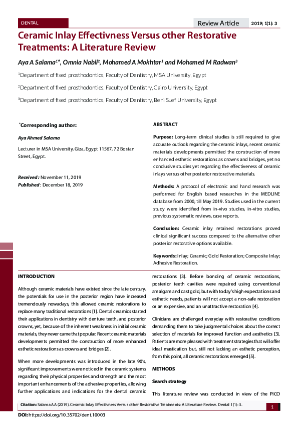 (PDF) Ceramic Inlay Effectivness Versus other Restorative Treatments: A ...