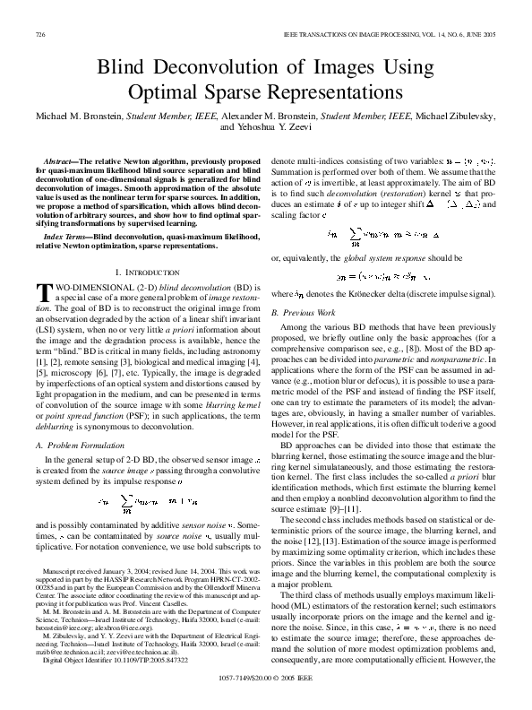 (PDF) Blind deconvolution of images using optimal sparse representations