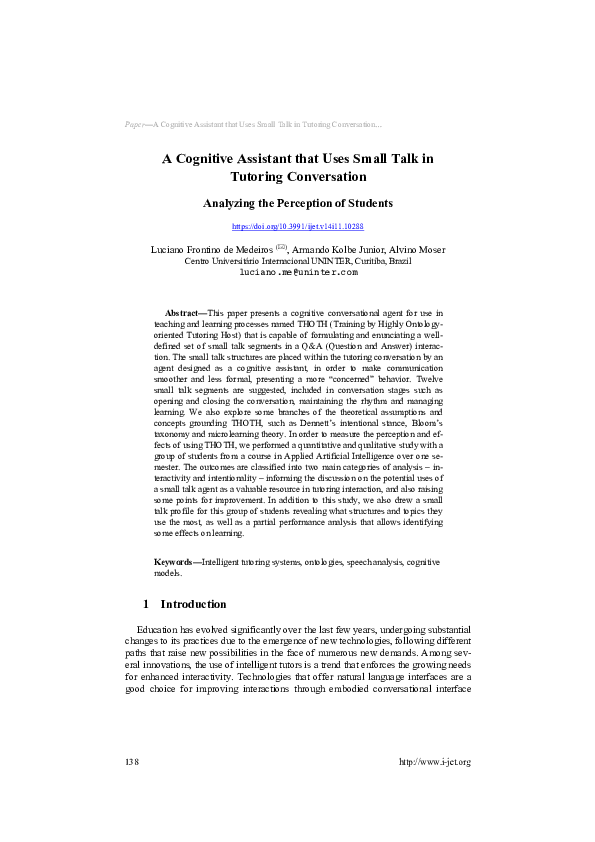(PDF) A Cognitive Assistant that Uses Small Talk in Tutoring Conversation