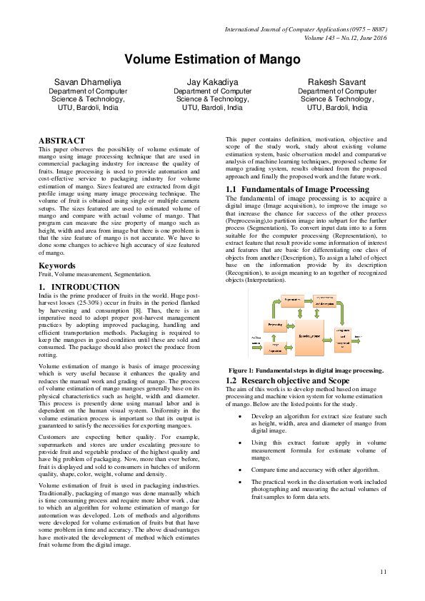 (PDF) Volume Estimation of Mango