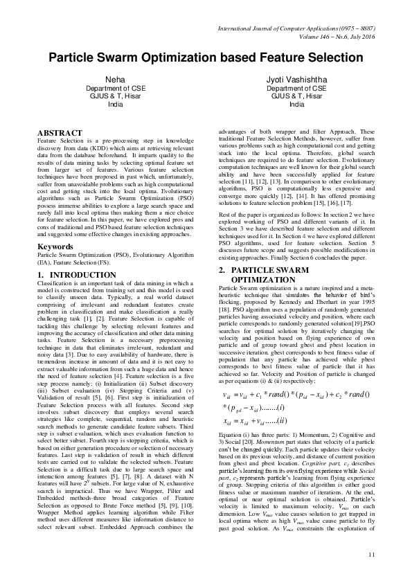 (PDF) Particle Swarm Optimization based Feature Selection
