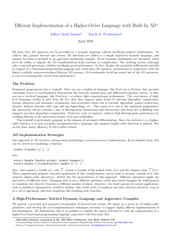 (PDF) Efficient Implementation of a Higher-Order Language with Built-In AD
