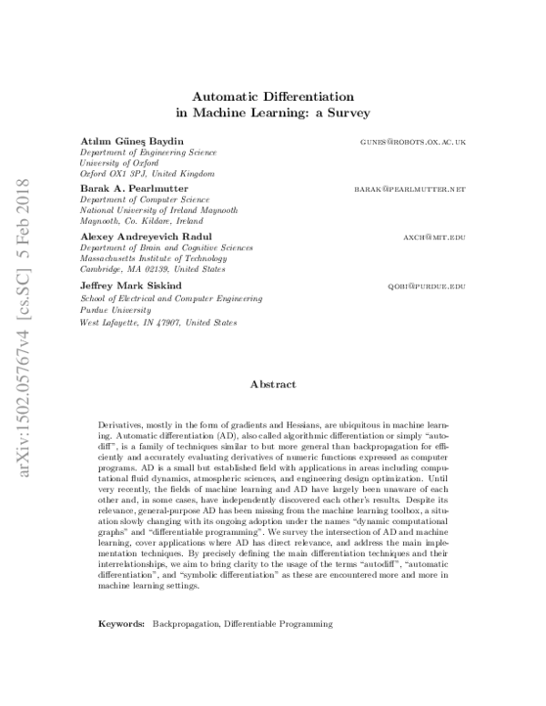 (PDF) Automatic differentiation in machine learning: a survey