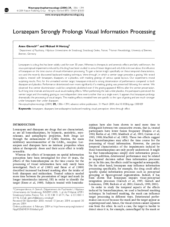 (PDF) Lorazepam Strongly Prolongs Visual Information Processing