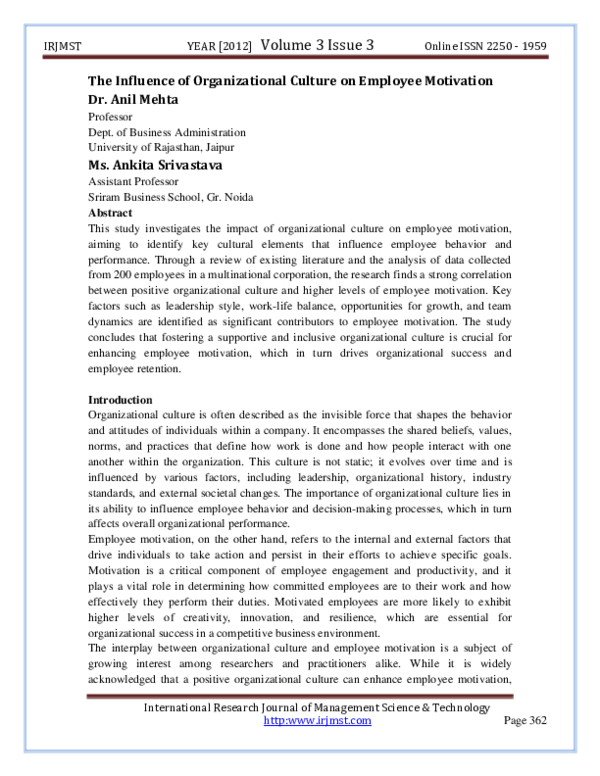 (PDF) The Influence of Organizational Culture on Employee Motivation